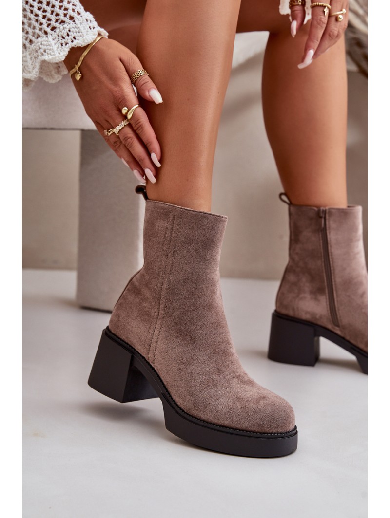 Eco Suede Women's Ankle Boots With Heel Insulated Dark Beige Meriluna