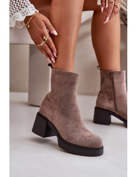Eco Suede Women's Ankle Boots With Heel Insulated Dark Beige Meriluna