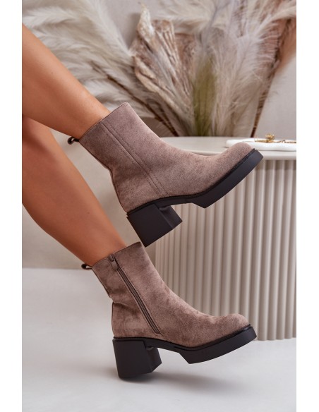 Eco Suede Women's Ankle Boots With Heel Insulated Dark Beige Meriluna