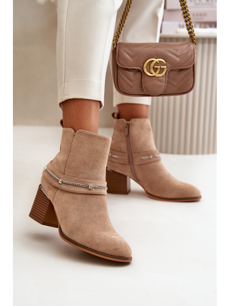 Warm Women's Heeled Boots with Chain Eco Suede Beige Hanalen