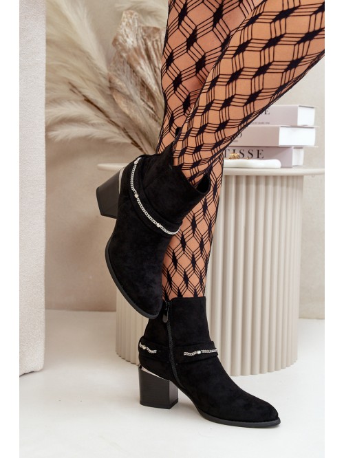 Warm Women's Ankle Boots On Heel With Chain Eco Suede Black Hanalen 2