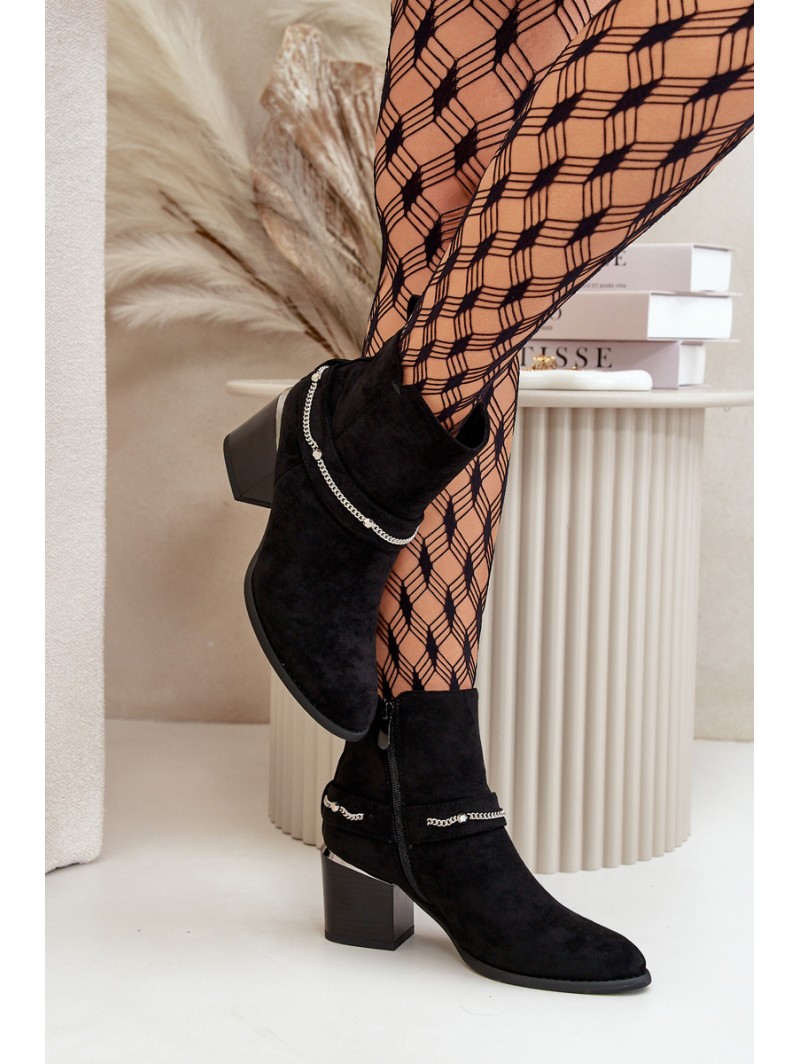 Warm Women's Ankle Boots On Heel With Chain Eco Suede Black Hanalen