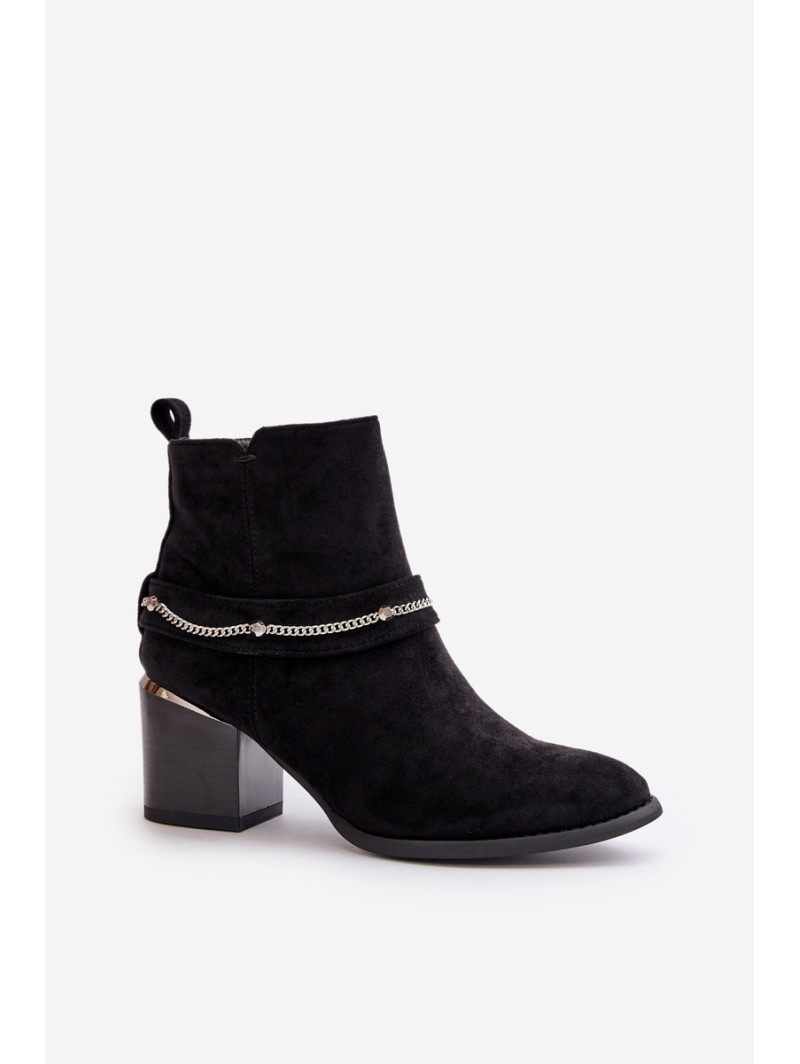 Warm Women's Ankle Boots On Heel With Chain Eco Suede Black Hanalen