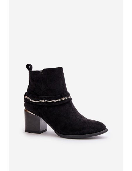 Warm Women's Ankle Boots On Heel With Chain Eco Suede Black Hanalen