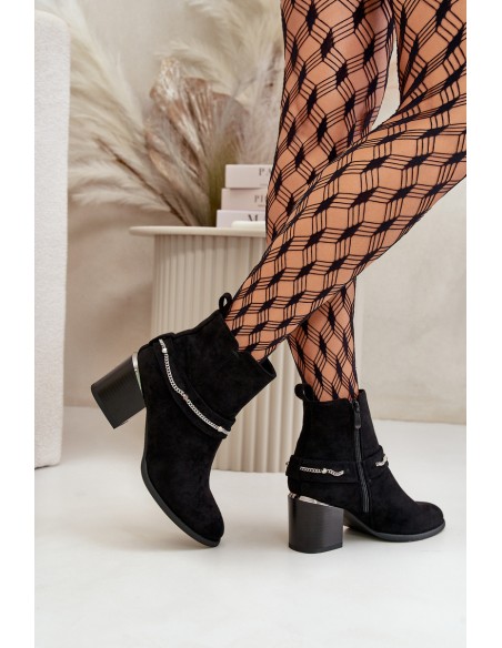 Warm Women's Ankle Boots On Heel With Chain Eco Suede Black Hanalen