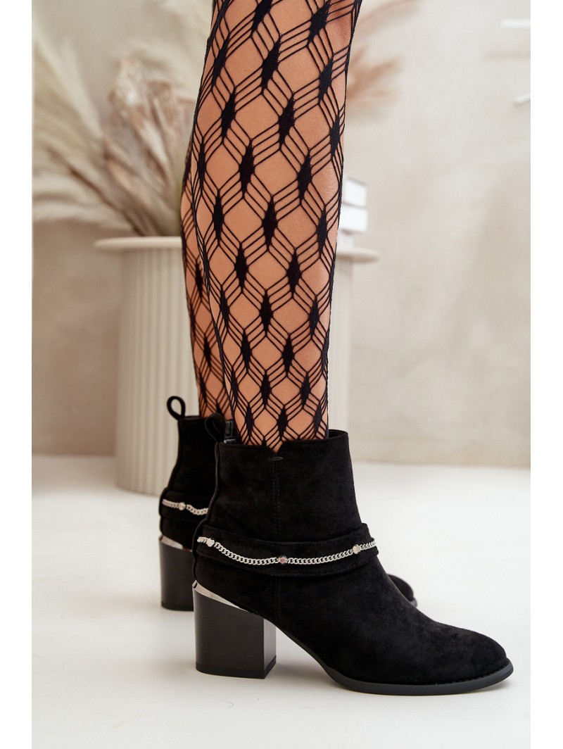 Warm Women's Ankle Boots On Heel With Chain Eco Suede Black Hanalen