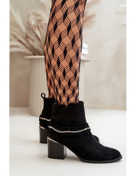 Warm Women's Ankle Boots On Heel With Chain Eco Suede Black Hanalen