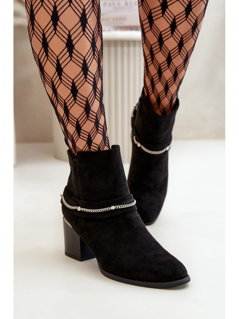 Warm Women's Ankle Boots On Heel With Chain Eco Suede Black Hanalen