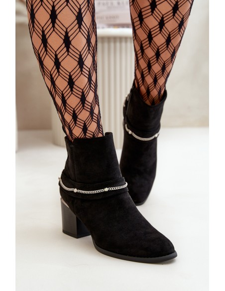 Warm Women's Ankle Boots On Heel With Chain Eco Suede Black Hanalen
