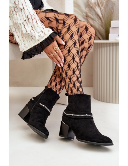 Warm Women's Ankle Boots On Heel With Chain Eco Suede Black Hanalen