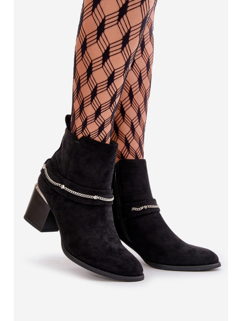 Warm Women's Ankle Boots On Heel With Chain Eco Suede Black Hanalen