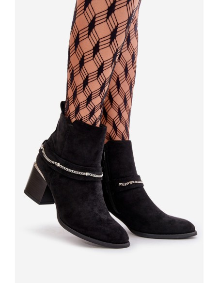 Warm Women's Ankle Boots On Heel With Chain Eco Suede Black Hanalen