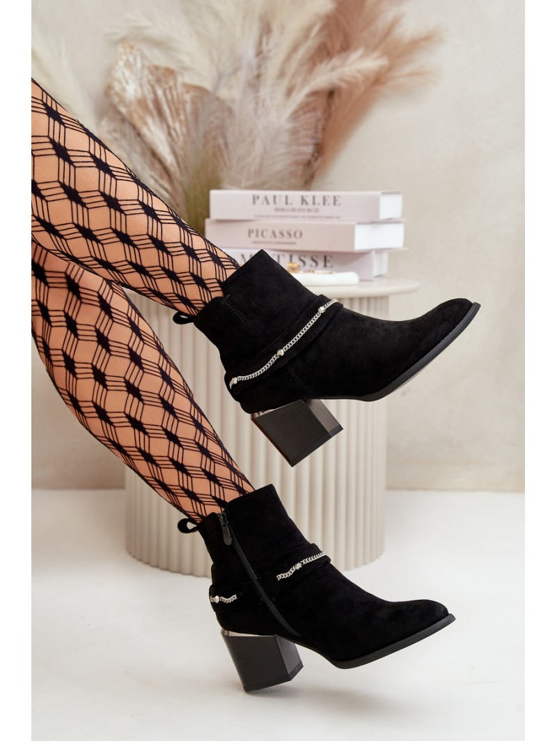 Warm Women's Ankle Boots On Heel With Chain Eco Suede Black Hanalen