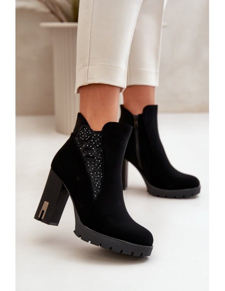 Warm Women's Ankle Boots With High Heel And Embroidery Black Verissae
