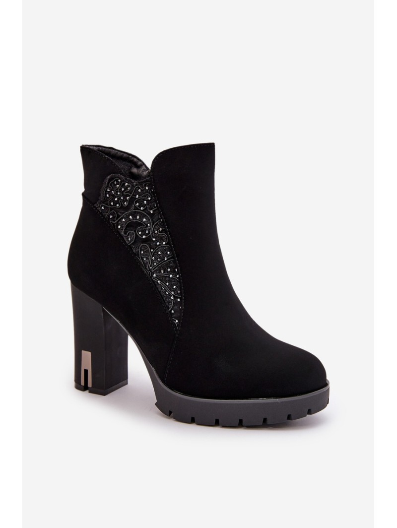Warm Women's Ankle Boots With High Heel And Embroidery Black Verissae