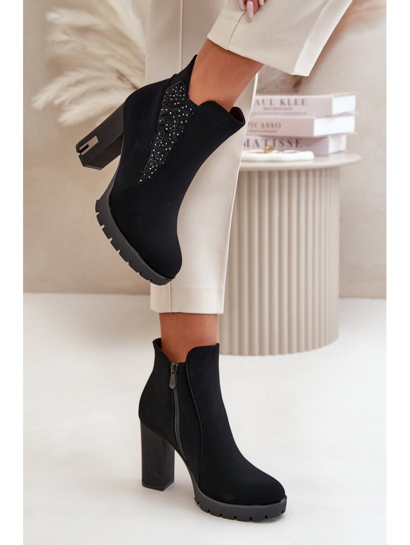 Warm Women's Ankle Boots With High Heel And Embroidery Black Verissae