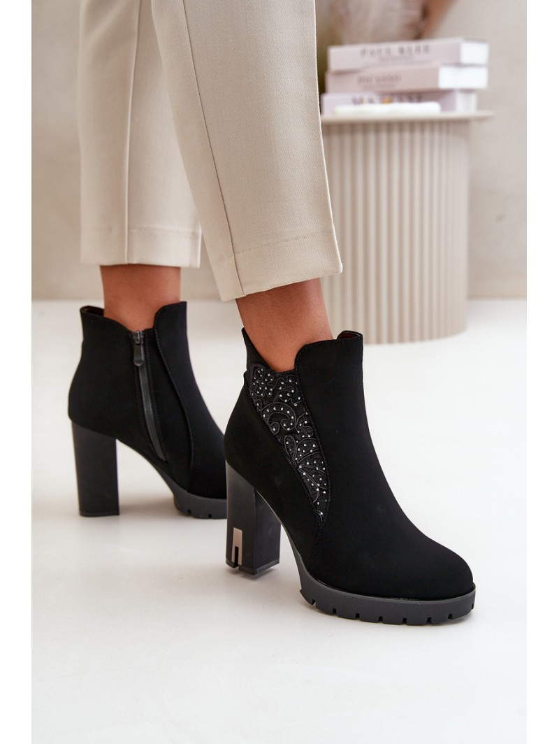 Warm Women's Ankle Boots With High Heel And Embroidery Black Verissae