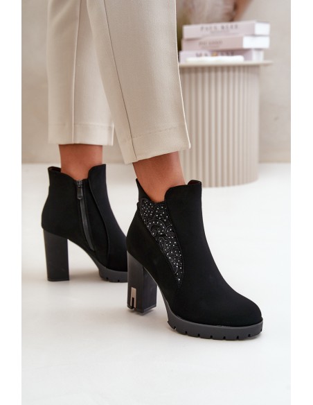 Warm Women's Ankle Boots With High Heel And Embroidery Black Verissae