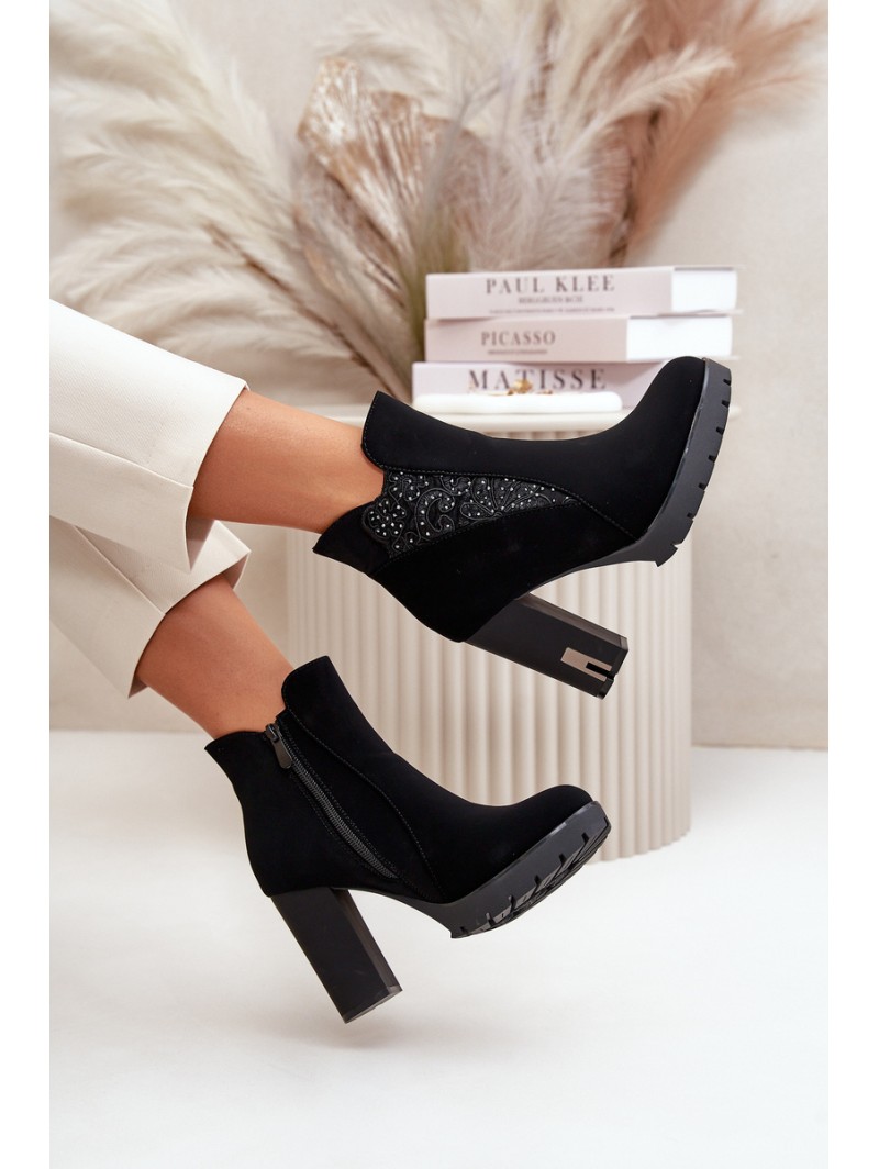 Warm Women's Ankle Boots With High Heel And Embroidery Black Verissae
