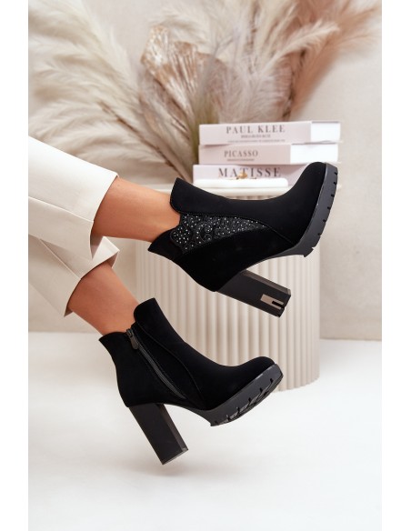 Warm Women's Ankle Boots With High Heel And Embroidery Black Verissae