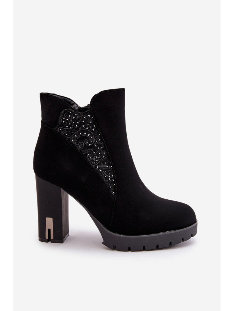 Warm Women's Ankle Boots With High Heel And Embroidery Black Verissae