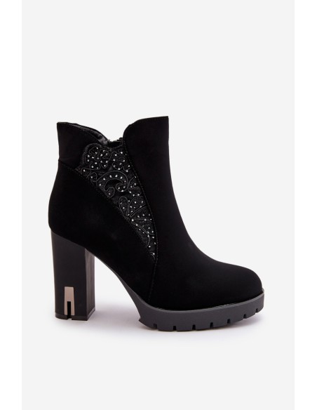 Warm Women's Ankle Boots With High Heel And Embroidery Black Verissae