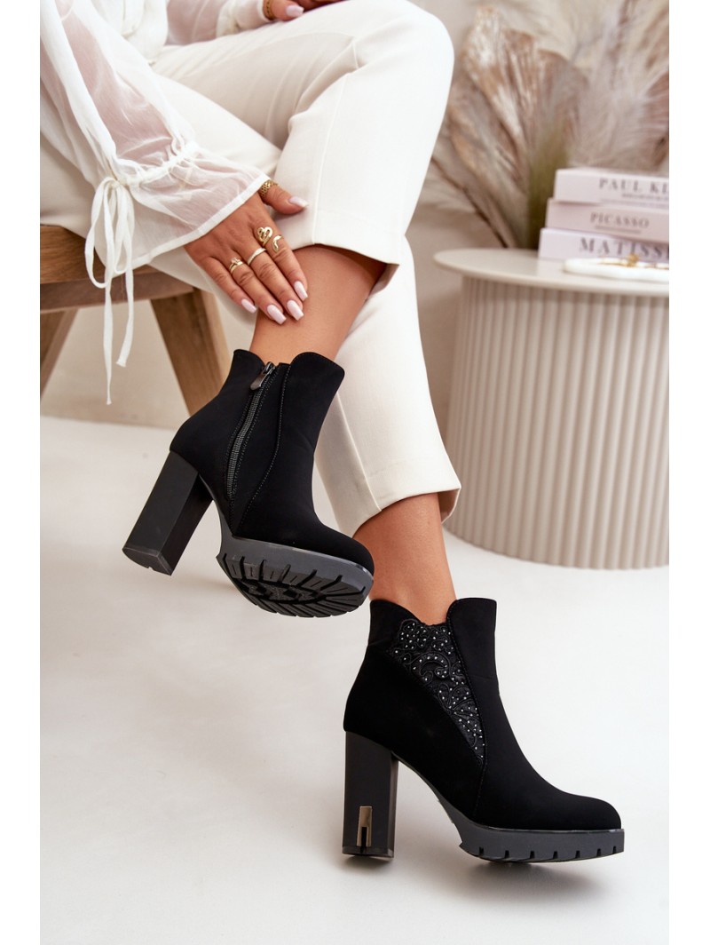Warm Women's Ankle Boots With High Heel And Embroidery Black Verissae