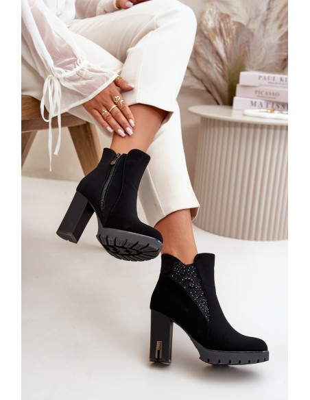Warm Women's Ankle Boots With High Heel And Embroidery Black Verissae