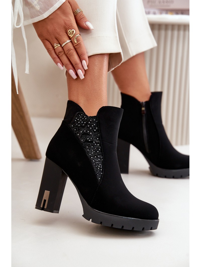 Warm Women's Ankle Boots With High Heel And Embroidery Black Verissae