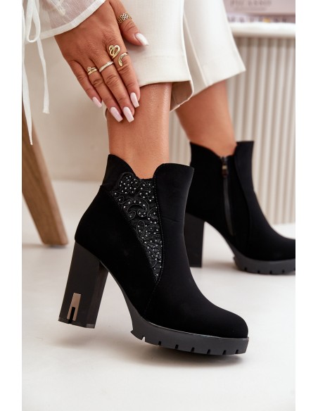 Warm Women's Ankle Boots With High Heel And Embroidery Black Verissae