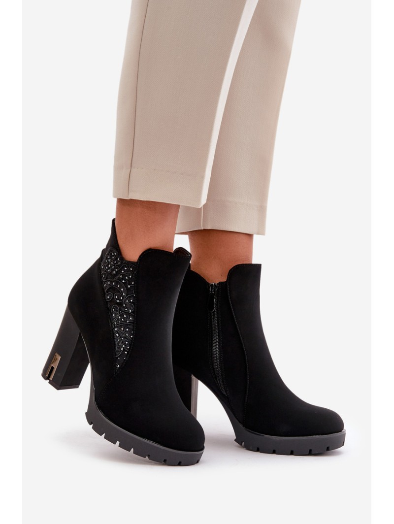 Warm Women's Ankle Boots With High Heel And Embroidery Black Verissae