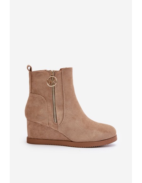 Warm wedge ankle boots with decorative zipper eco suede dark beige Leretha