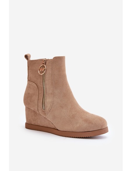 Warm wedge ankle boots with decorative zipper eco suede dark beige Leretha