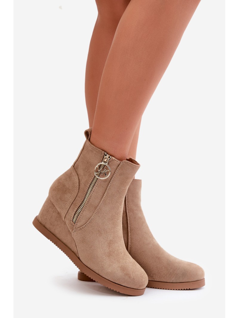 Warm wedge ankle boots with decorative zipper eco suede dark beige Leretha