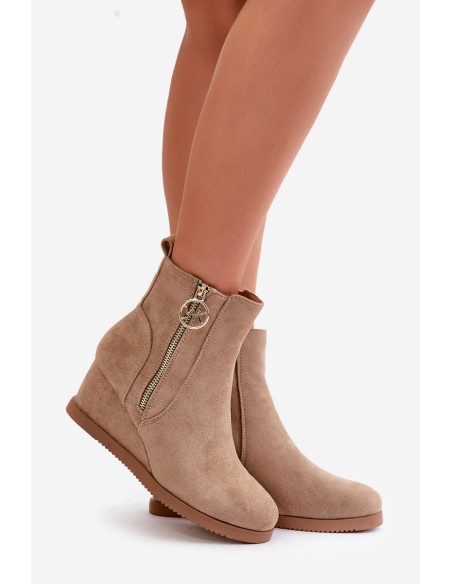 Warm wedge ankle boots with decorative zipper eco suede dark beige Leretha