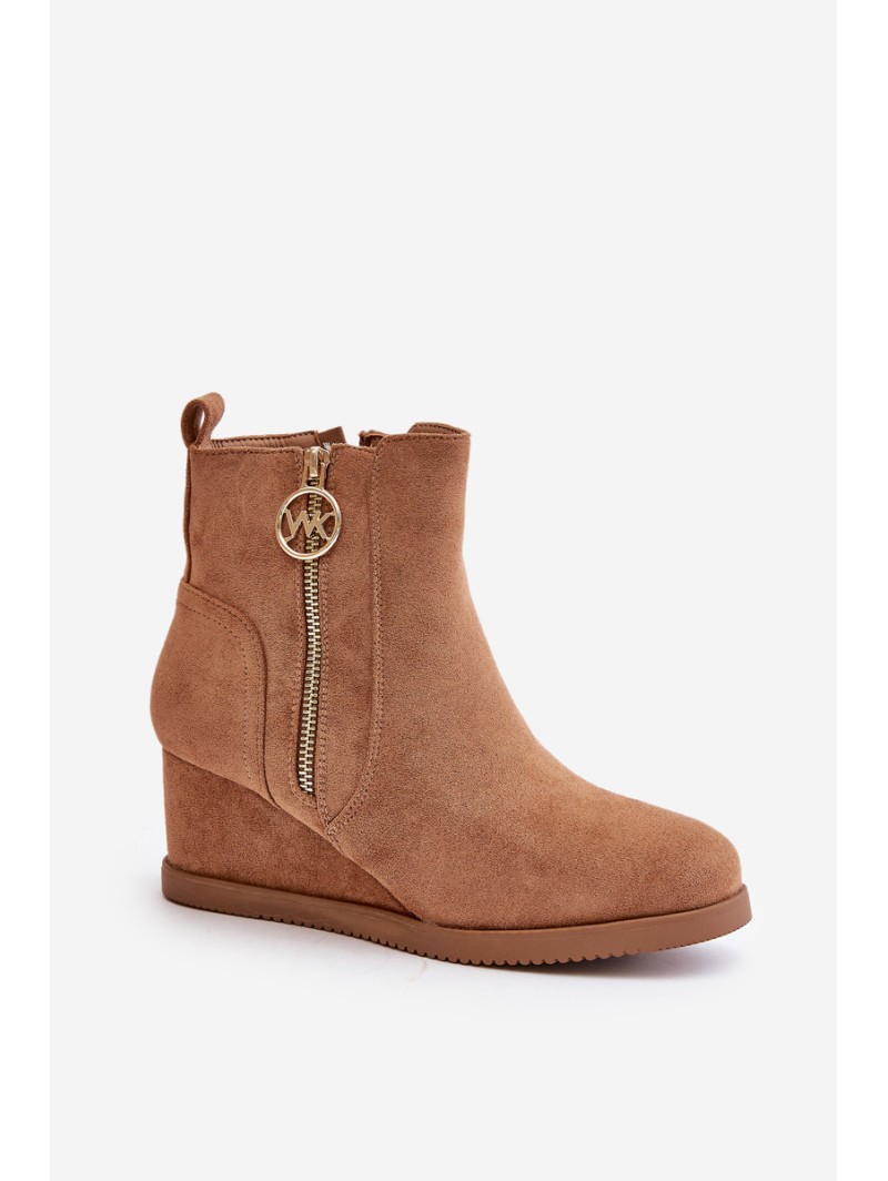 Insulated wedge boots with decorative zipper eco suede camel Leretha