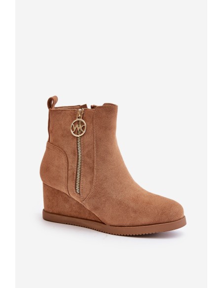 Insulated wedge boots with decorative zipper eco suede camel Leretha
