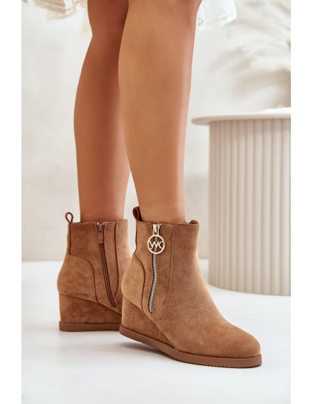 Insulated wedge boots with decorative zipper eco suede camel Leretha