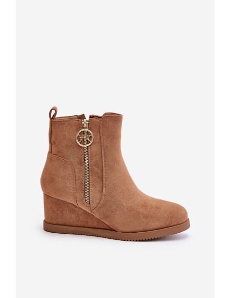 Insulated wedge boots with decorative zipper eco suede camel Leretha