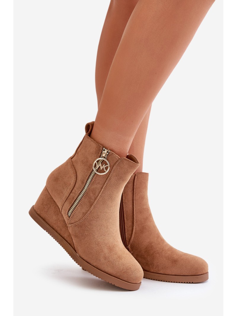 Insulated wedge boots with decorative zipper eco suede camel Leretha