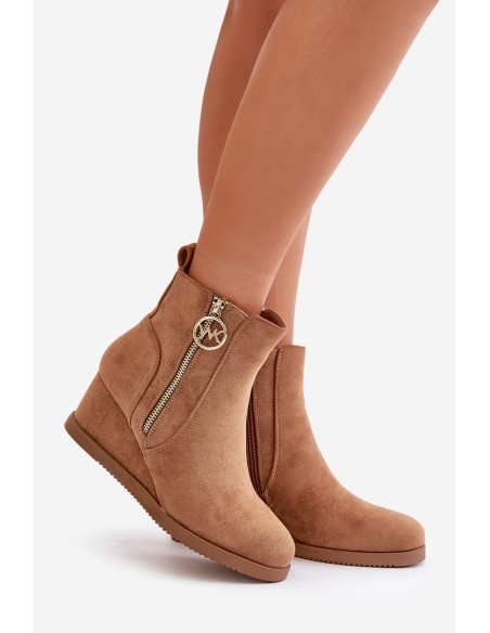 Insulated wedge boots with decorative zipper eco suede camel Leretha