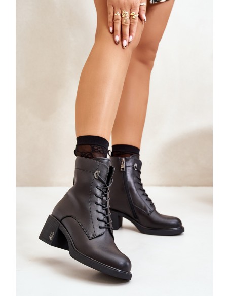 Lace Up Women's Heeled Boots Made Of Natural Leather Insulated Black Vinceza 91110