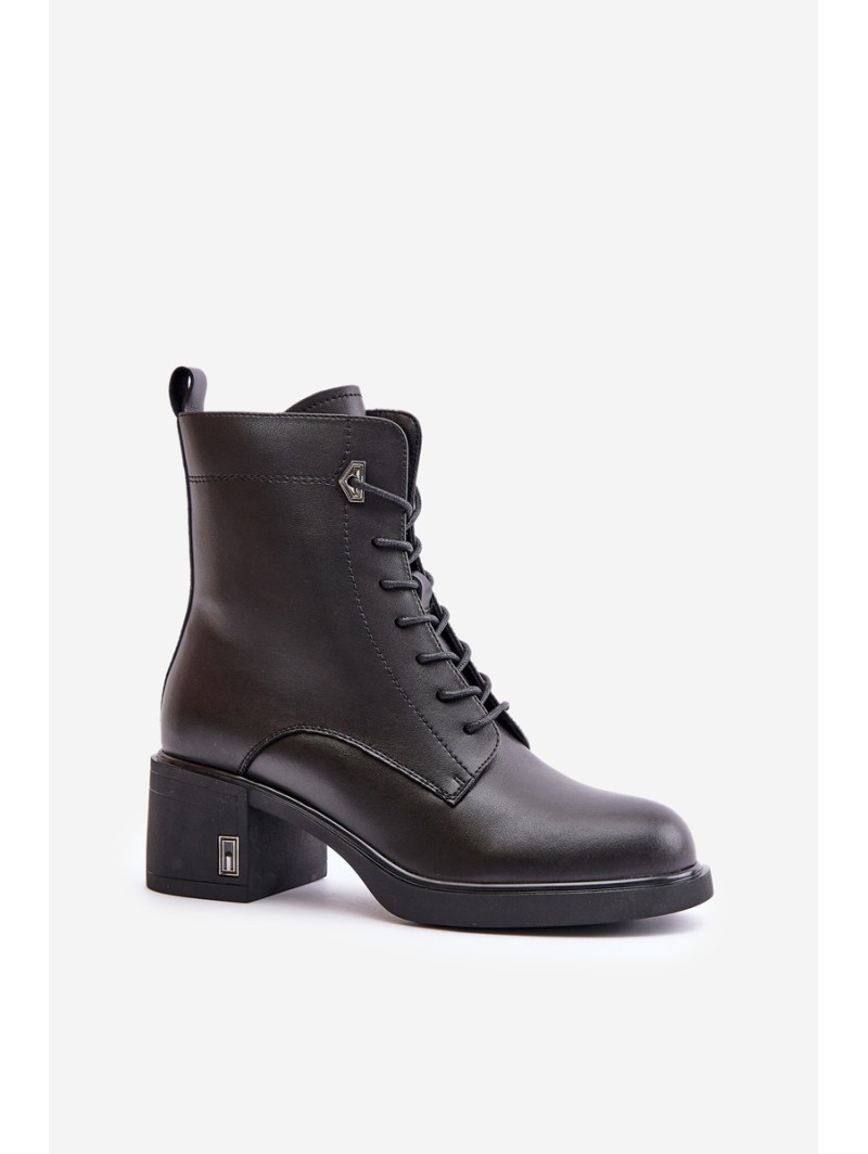 Lace Up Women's Heeled Boots Made Of Natural Leather Insulated Black Vinceza 91110
