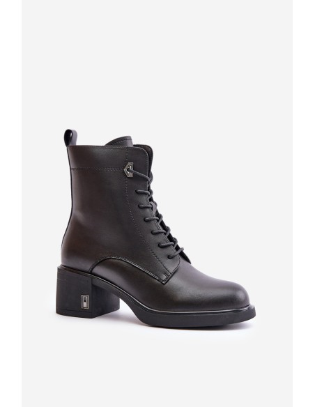 Lace Up Women's Heeled Boots Made Of Natural Leather Insulated Black Vinceza 91110