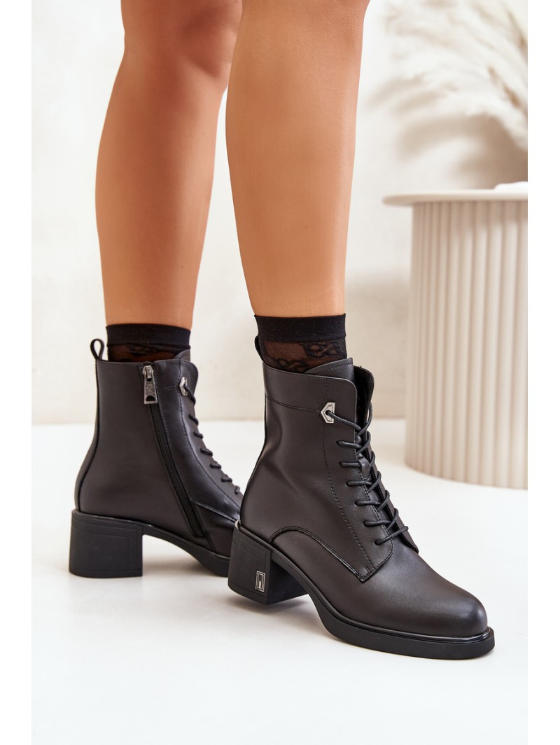 Lace Up Women's Heeled Boots Made Of Natural Leather Insulated Black Vinceza 91110