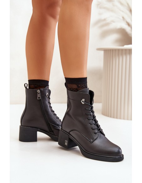 Lace Up Women's Heeled Boots Made Of Natural Leather Insulated Black Vinceza 91110