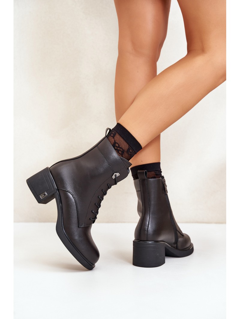 Lace Up Women's Heeled Boots Made Of Natural Leather Insulated Black Vinceza 91110