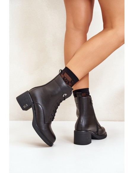 Lace Up Women's Heeled Boots Made Of Natural Leather Insulated Black Vinceza 91110