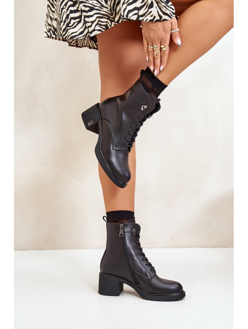 Lace Up Women's Heeled Boots Made Of Natural Leather Insulated Black Vinceza 91110