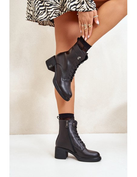 Lace Up Women's Heeled Boots Made Of Natural Leather Insulated Black Vinceza 91110